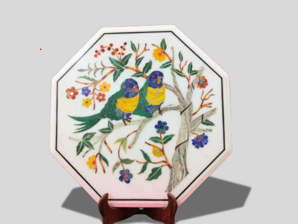 Marble Love Birds Inlay Floral Work Coffee Table Top